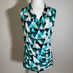 Worthington Blue/Green Geometric Sleeveless Career Blouse Womens Size Small S